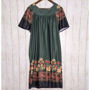 Anthony Richards Floral Paisley Kaftan House Dress Size L Green Pockets Cottage
